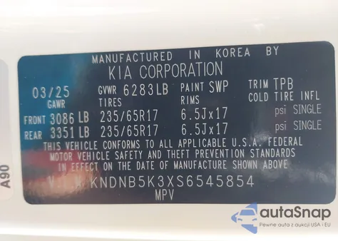 2025 Kia Carnival Mpv Lxs из США, поврежденный, VIN KNDNB5K3XS6545854